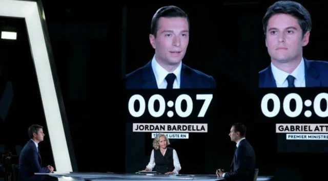Débat télévisé entre Jordan Bardella (à gauche) et Gabriel Attal, actuel Premier ministre