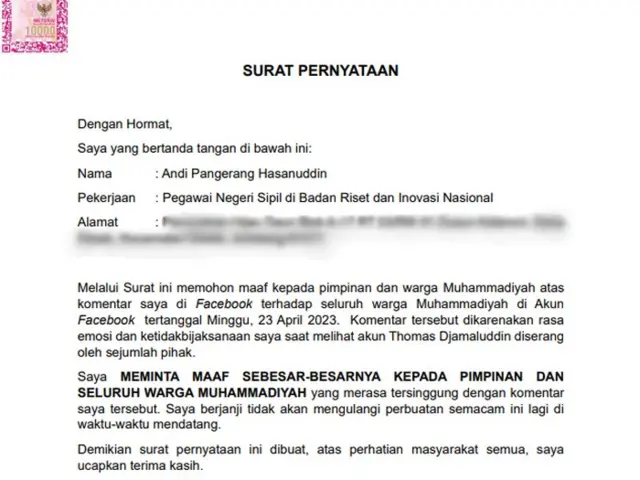 Andi Pangeran Hasanuddin menyampaikan permintaan maaf dalam surat tertulis.