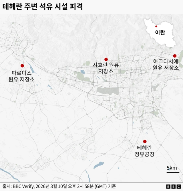 미사일 공습 피해를 입은 석유 시설 4곳의 위치를 표시한 지도. 파르디스, 샤흐란, 아그다시에 원유 저장소와 테헤란 정유공장