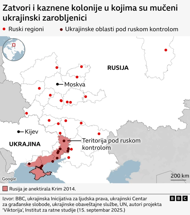 Mapa Rusije na kojoj su označeni zatvori i kaznene kolonije u kojima su navodno mučeni ukrajinski ratni zarobljenici i uhapšeni civili