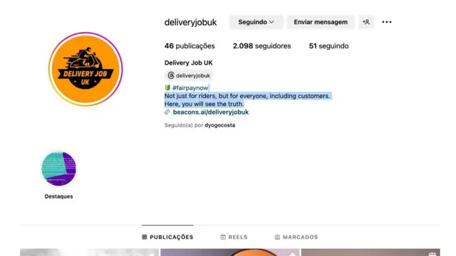 Página no Instagram @deliveryjobuk