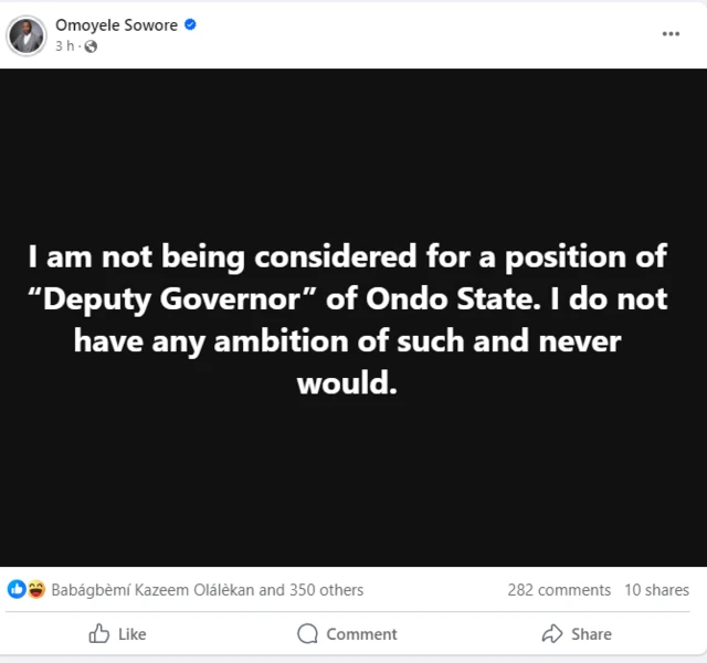 Aworan ohun ti Sowore kọ soju opo facebook