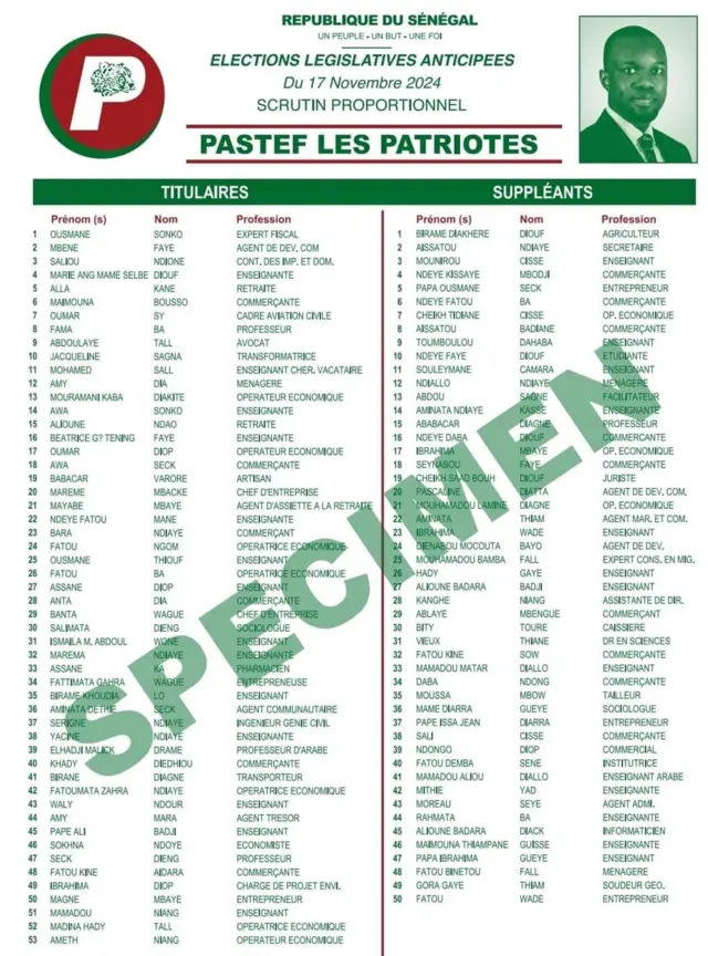 Spécimen du bulletin de Pastef
