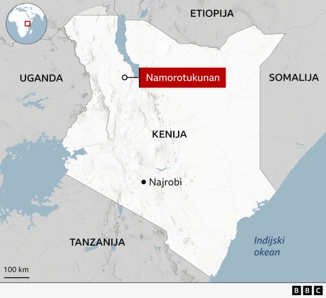 мапа источне Африке са означеним брдом Наморотукунан