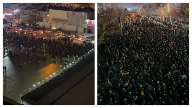 راهپیمایی معترضان در شهر مشهد (تصویر راست) و نارمک تهران، شب ۱۸ دی ماه