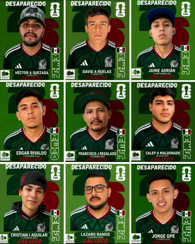 Varios rostros de desaparecidos que aparentan ser cromos mundialistas