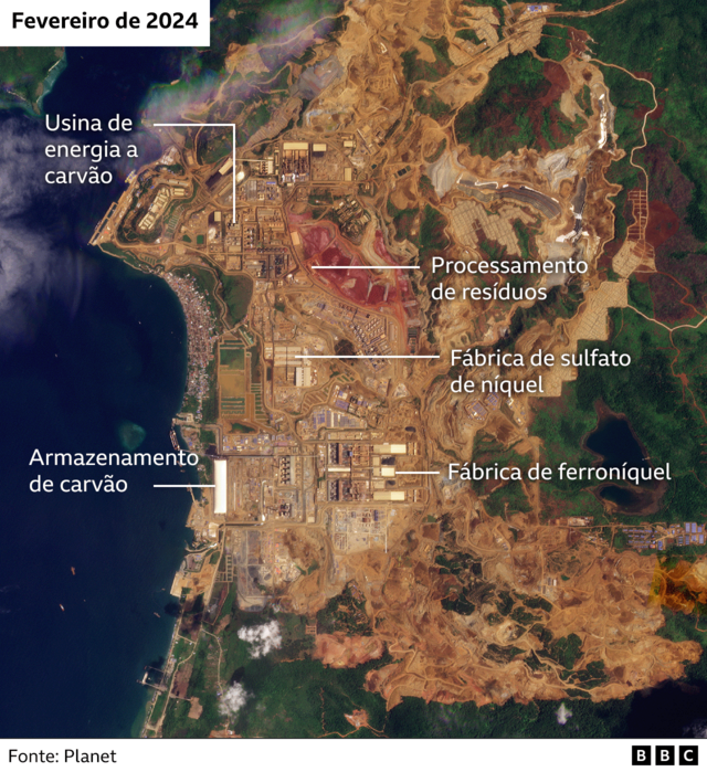 Mapa (via satélite) da ilha de Obi em 2024