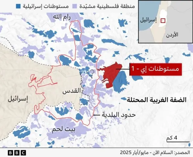 خريطة توضح موقع مشروع E1 الاستيطاني في الضفة الغربية المحتلة
