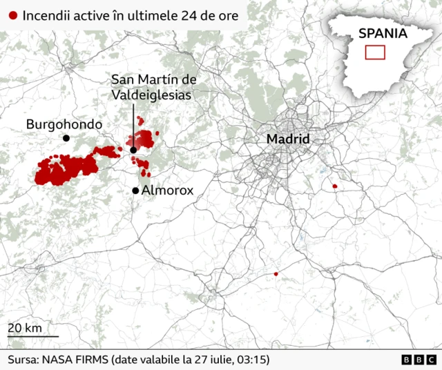 Incendiile de vegetație din Spania sunt marcate cu roșu pe o hartă în centrul căreia se află orașul Madrid. Datele furnizate de NASA FIRMS sunt valabile la 27 iulie.