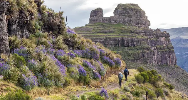 Dos senderistas caminan por el sendero a Waqrapukara.