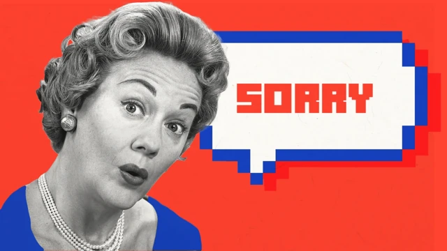 여성의 흑백 사진 위로 합성된 'sorry' 말풍선
