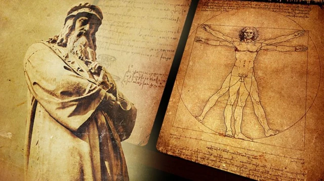 Statue de Leonard De Vinci d'un côté, et de l'autre, le célèbre dessin de l'homme de Vitruve (l'homme à 4 bras et à 4 jambes)