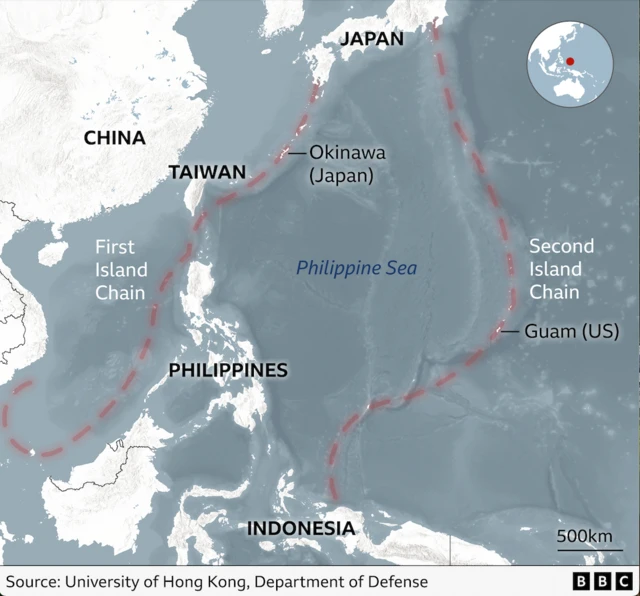 A BBC graphic showing China, Taiwan, Japan, South Korea, Guam and the Philippines. Please put your translation of all words in here for people who are sight impaired.
