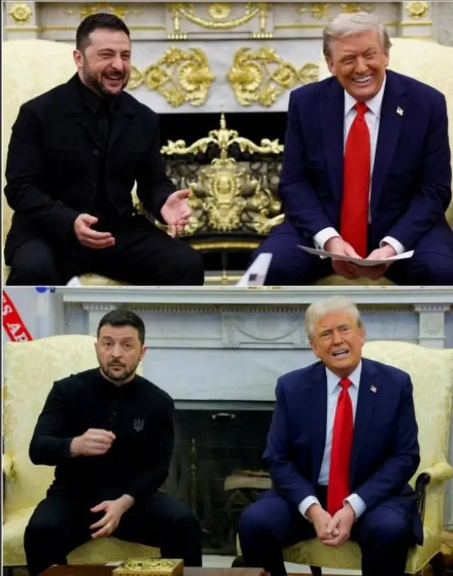 Фотоколаж, який демонструє, якою різною була атмосфера на зустрічі Зеленського із Трампом у лютому (нижче) і в серпні (зверху)