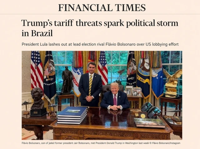Print de reportagem no Financial Times sobre tarifas de Trump que causam tempestade política no brasil