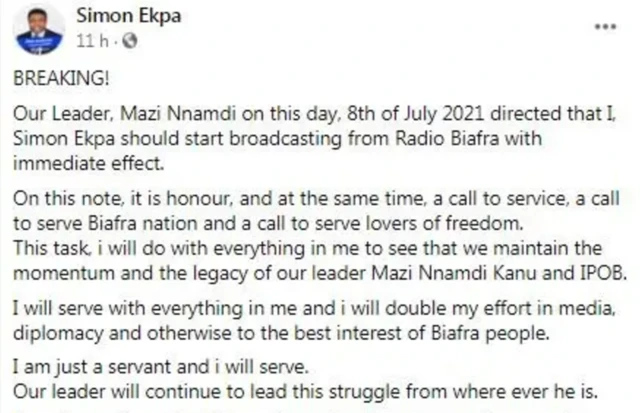 Screengrab of Simon Ekpa's Facebook post celebrating his appointment as broadcaster on Radio Biafra