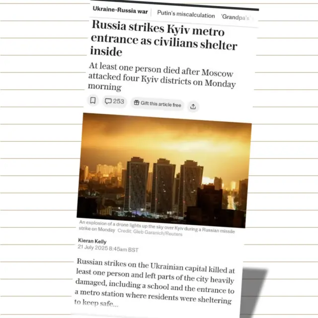 Ảnh chụp màn hình bài báo tường thuật một trận tấn công vào Kyiv.
