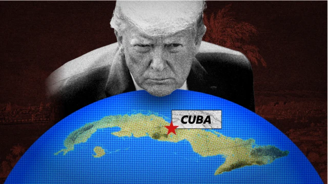Ảnh thiết kế: Chân dung ông Trump, phía dưới là bản đồ Cuba trên quả địa cầu