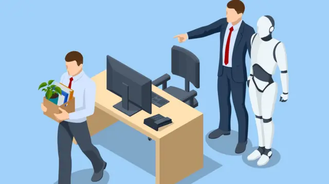 صورة تعبيرية لموظف يحمل أغراضه في صندوق بعد طرده من وظيفته، وقد وقف مديره خلف مكتبه إلى جانب روبوت على هيئة إنسان