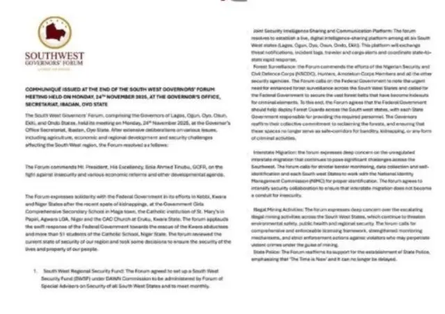 Atẹjade ti wọn fi sita lẹyin ipade awọn gomina nilẹ Yoruba.