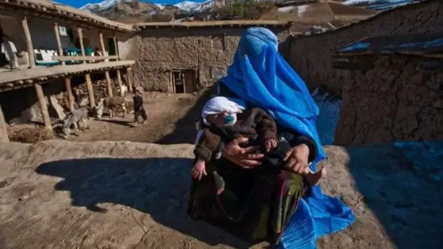 امرأة منتقبة تحمل طفلاً على ركبتيها ومن ورائهما فناء كبير يضمّ حيوانات بينما يعبر شخص المكان.