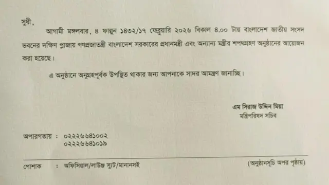 মন্ত্রিসভার শপথগ্রহণ অনুষ্ঠানের আমন্ত্রণপত্র