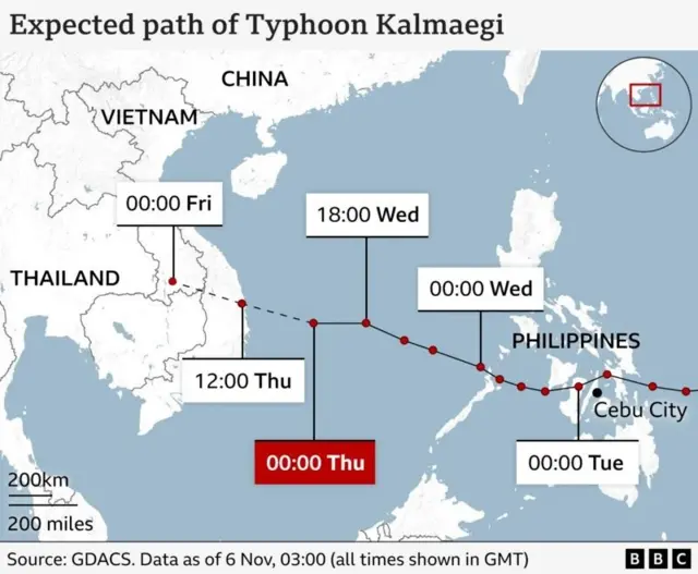 Map wey dey show wia Typhoon Kalmaegi dey expected to pass.
