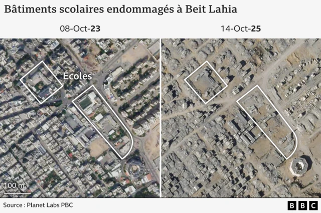 Deux images satellites, l'une du 8 octobre 2023, l'autre du 14 octobre 2025, montrent comment deux écoles ont été endommagées à Beit Lahia.