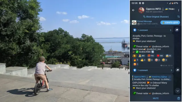 Một cậu bé trên cảng Odesa; ảnh nhỏ là thông tin cập nhật trực tuyến các hướng tấn công từ phía biển vào Odesa lúc 2 rưỡi sáng