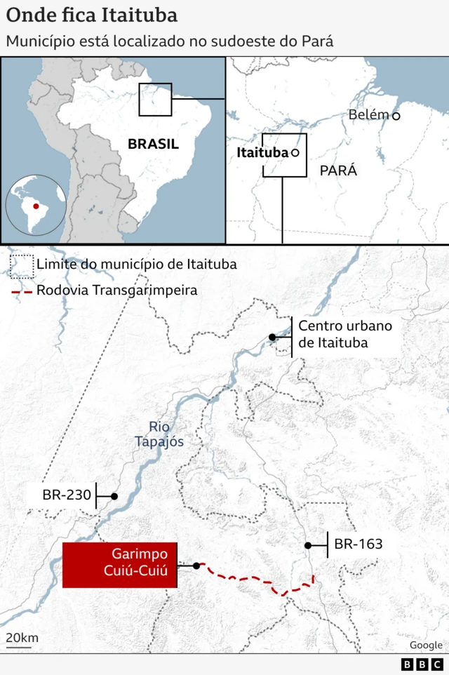 Mapa mostra a localização de Itaituba e do Garimpo Cuiú-Cuiú, no Pará