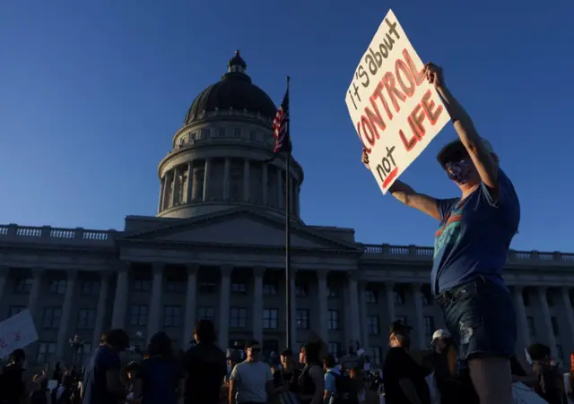 Abortion rights protesters gather at the Utah State Capitol, after the United States Supreme Court ruled in the Dobbs v Women's Health Organization abortion case, overturning the landmark Roe v Wade ruling - 24 June 2022. 