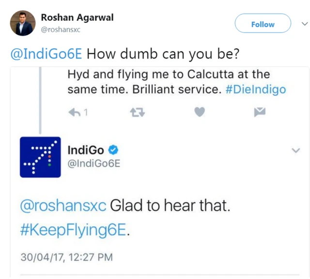 રોશન અગ્રવાલે કરેલું ટ્વિટ અને ઇન્ડિગોએ આપેલો જવાબ