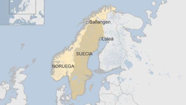 Mapa que localiza Ballangen en Noruega y Lulea en Suecia