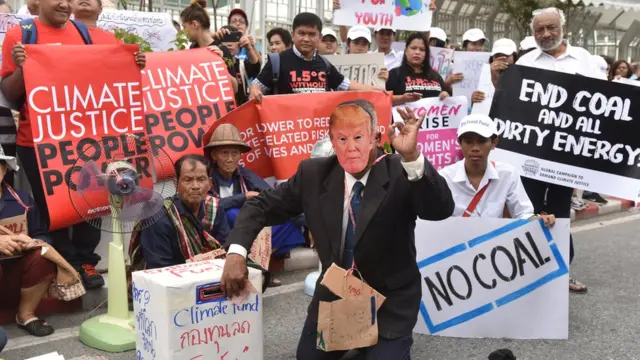 A man wearing a Donald Trump mask takes money from the Climate Change Fund