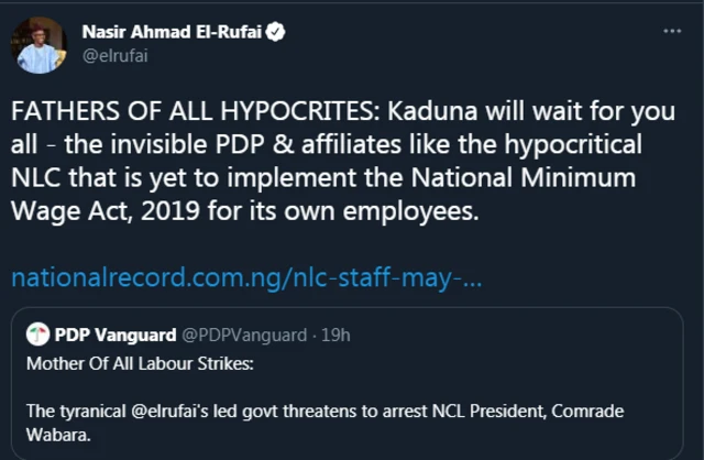 "Kaduna State NLC strike update": [Labour union strike to shut down Kaduna]