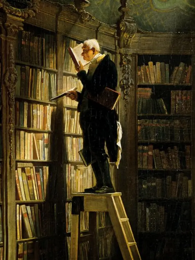 Bibliófilo mirando su colección.