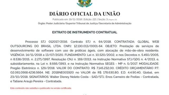 Anúncio do contrato do STJ no Diário Oficial