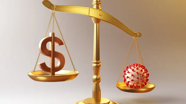 দাড়িপাল্লায় ডলার আর ভাইরাসের আঁকা ছবি