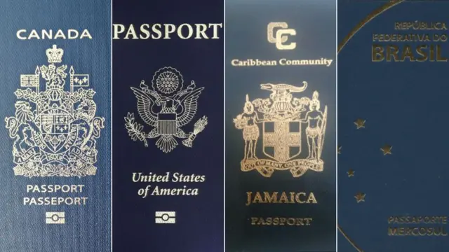 Passports of Canada, the US, Jamaica, and Brazil