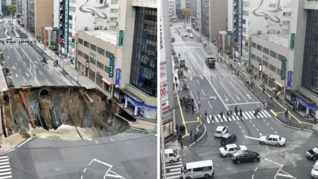 The street in the Japanese city of Fukuoka, pictured on the day the sinkhole appeared (left), and one week later after its restoration