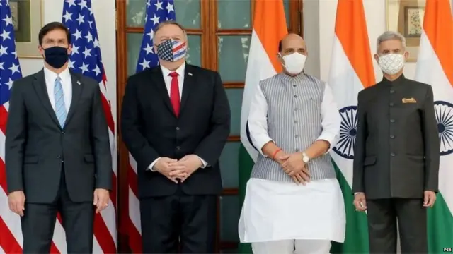 امریکہ کے وزیر دفاع مارک ایسپر اور وزیر خارجہ مائیک پومپیو انڈیا کے وزیر دفاع راج ناتھ سنگھ اور وزیر خارجہ ایس جے شنکر کے ساتھ