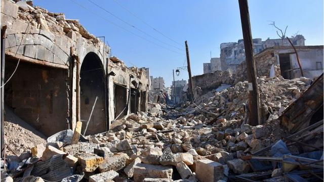 Destrucción en el barrio de Bab al Nasr, Alepo, Siria.