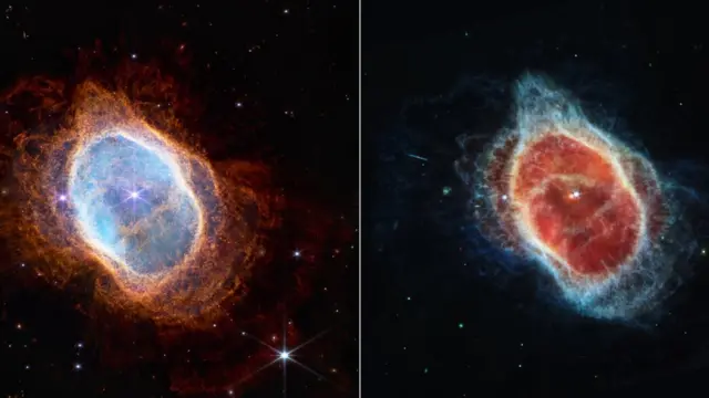 Туманність "Південне кільце" в ближньому (ліворуч) та середньому інфрачервоному діапазоні