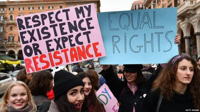 Women take part in a march organised by 'Non Una Di Meno' (Me too) movement on March 8, 2018.