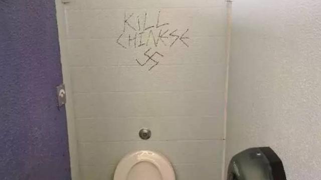 A message scribbled on a wall at a Sydney university last year says "kill Chinese" alongside a swastika