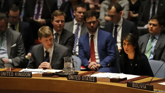 MARCH 14: United States Ambassador to the United Nations, Nikki Haley, speaks at the security council after the United Kingdom called for an urgent meeting of the UN security council to update council members on the investigation into the recent nerve agent attack in Salisbury, United Kingdom on March 14, 2018 in New York City.