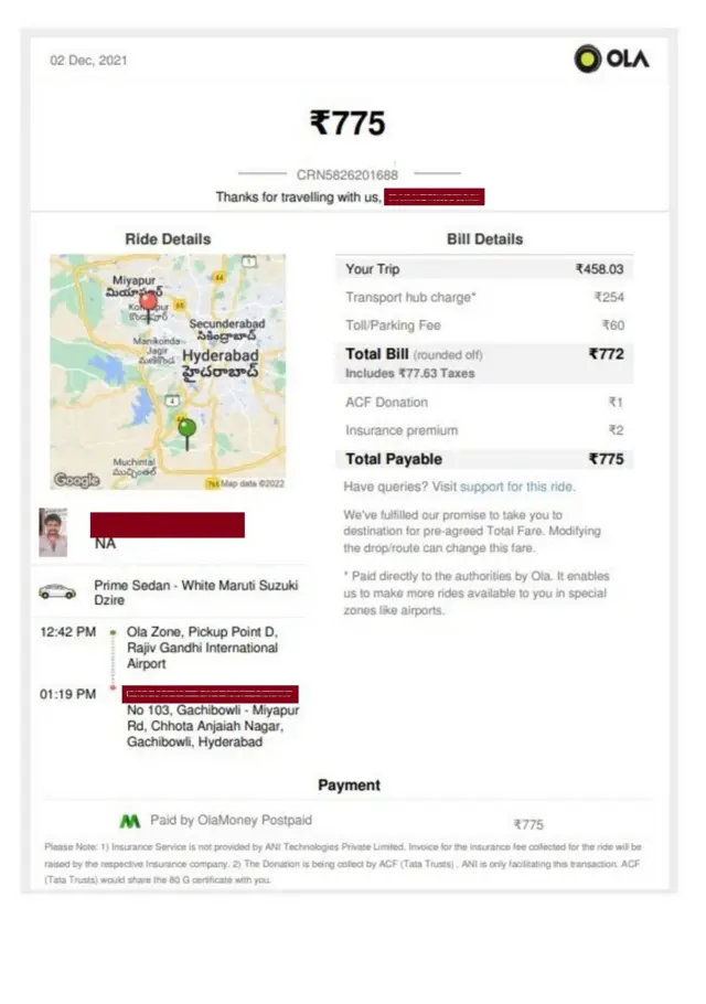 హైదరాబాద్ ఎయిర్‌పోర్టు క్యాబ్ బిల్లు