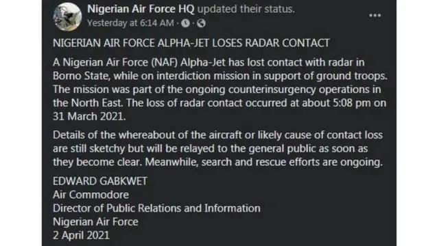 Ó ṣeéṣe kí ọkọ̀ òfúrúfú ọmọgun Alpha Jet tó pòórá tí ni ìjàmbá-NAF