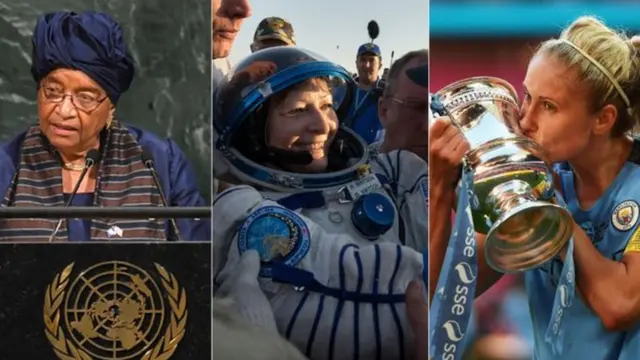 Либериянын президенти Элен Жонсон-Серлиф, НАСАнын астронавты америкалык Пегги Уитсон жана англиялык футболчу айым Стефани Жейн Хьютон.