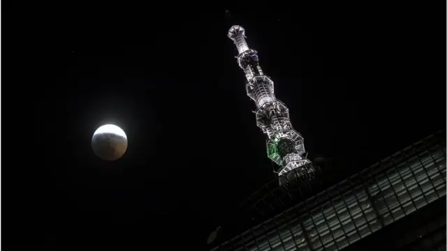 Луна над зданием Всемирного торгового центра в Нью-Йорке